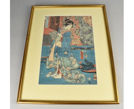 A Framed Japanese Print, Utagawa Kunisada, Maiden with Teapot, Subject 24x35cms
