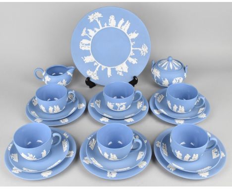 A Wedgwood Jasperware Tea Set for Six to Comprise Cups, Saucers, Side Plates, Cake Plate, Milk Jug and Lidded Sugar Bowl