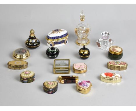 A Collection of Various Pill Boxes to include Cloisonne Examples, Ceramic Etc together with a Glass Perfume Bottle in the For