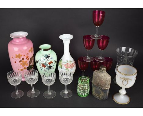 A Collection of Various 19th and Early 20th Century Glass to Comprise Celery Jar, Hand Painted Opaque Glass Vases, Silver Pla