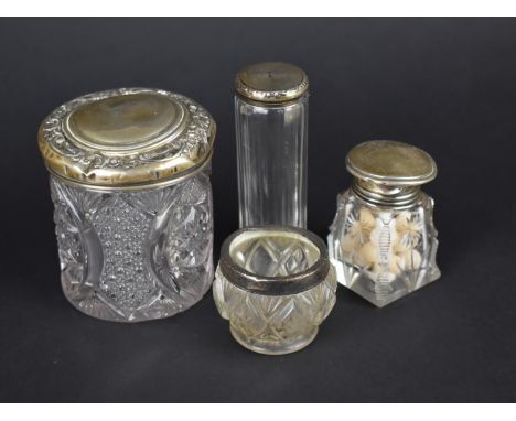 Three Silver Topped Dressing Table Pots, Tallest 10cm high Together with a Silver Mounted Salt, Various Hallmarks and Makers 