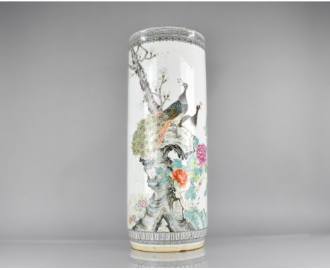 A Chinese Republic Period Type Porcelain Stick Stand Decorated with Peacocks Perched in Blooming Branches with Verse, 60cm Hi