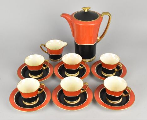 An Art Deco Crown Devon Coffee Set for Six, Black and Red Colourway with Gilt Banding, Pattern no. 2719, to Comprise Cups, Sa