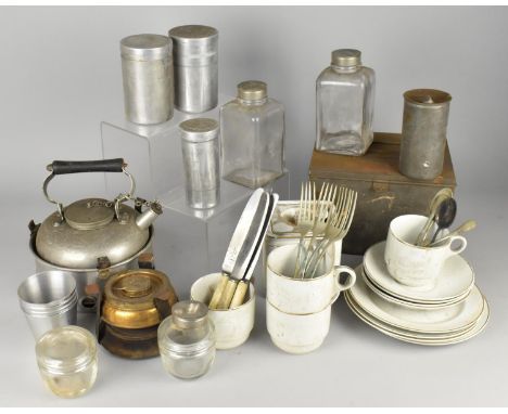 A Collection of Various Vintage Travelling Items to Comprise Sirram Kettle, Glass and Metal Flasks, Ceramic Tea Wares, Burner