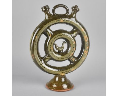 A Spanish Studio Pottery Flask of Spoke Form with Central Bird Motif, Signed Buno, 36cm high