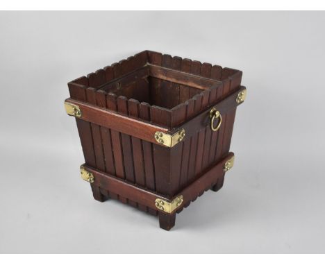 A Late 20th Century Wooden Planter of Banded Square Form, Brass Mounts, 27cms Square and 28cms High