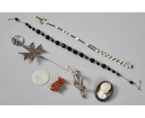A Collection of 19th Century and Later Jewellery Items to include Maltese Cross Brooch, Mother of Pearl Mounted Rosary Beads,