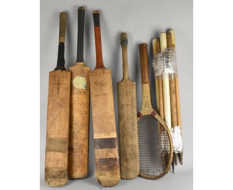 A Collection of Various Vintage Cricket Bats. Wickets and a Tennis Racket