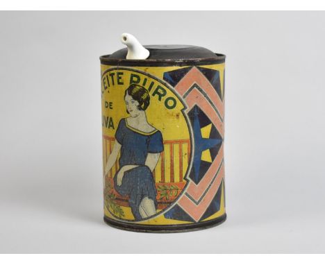 A Vintage Italian Olive Oil Can, Aceites de Oliva, with Ceramic Pourer, 23cms High