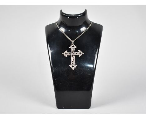 A Large Silver and Marcasite Filigree Style Crucifix on White Metal Chain, Pendant 65mm Long, Chain 53cms Long