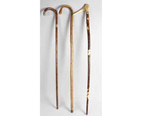 Three Various Walking Sticks to include Silver Mounted Bamboo by Jonathan Howell, Birmingham 1914 Hallmark etc