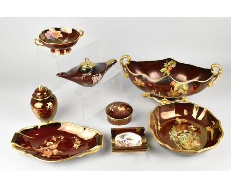 Eight Pieces of Carlton Ware Rouge Royale to Comprise Spider Web Pattern Twin Handled Planter, 33cm Wide (Dull Ring), Dishes,