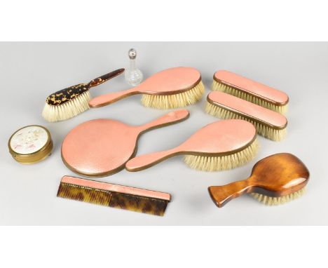 An Engine Turned Enamel Six Piece Dressing Table Set to Comprise Mirror, Clothes Brushes, Hair Brushes and a Comb Together wi