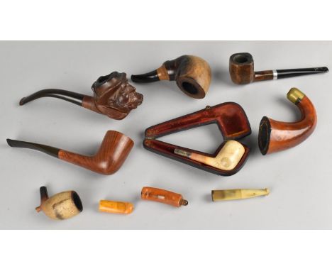 A Collection of Various Vintage Pipes to include Amber Mouth Pieces, Carved Example Modelled in the Form of a Gents Head Etc
