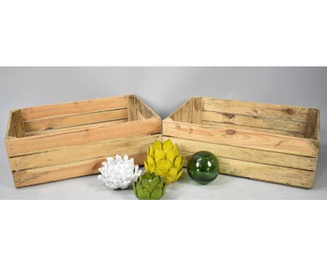 Two Wooden Crates together with Three Ceramic Candle Holders and a Glass Buoy
