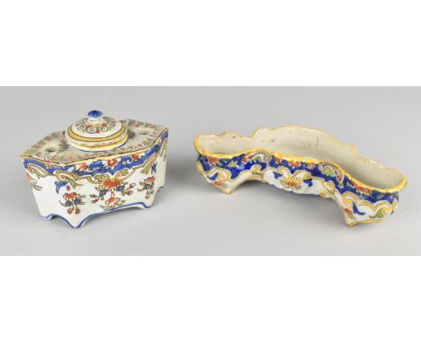A French Faience Inkwell with Central Well Flanked by Two Pen Holes, 12cm wide Together with a Shaped Dish, 18cm wide