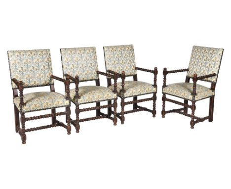 A set of four upholstered chairs in late 17th century style, 19th century, with bobbin frames, each 97cm high 