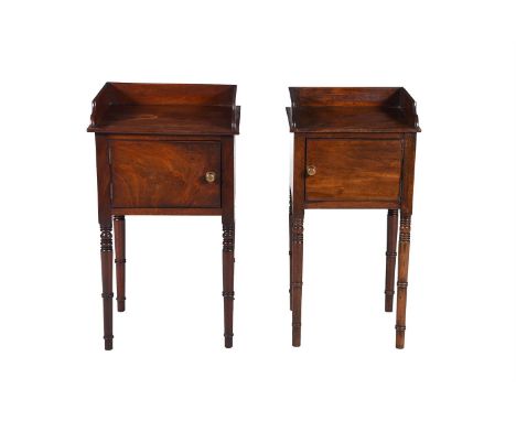 A matched pair of mahogany bedside cupboards, first half 19th century, each with a raised three quarter gallery, cupboard doo