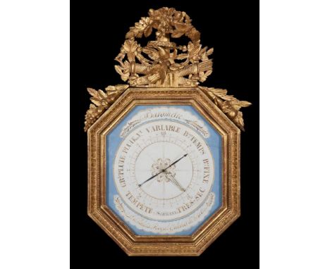 A Louis XVI giltwood barometer, the painted dial with observations and text to the lower margin, Au Palais Royal Galeries di 