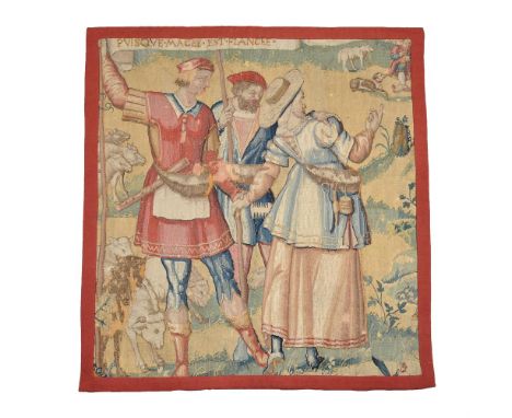 A French tapestry fragment, 17th century and later re-bound,  depicting three figures with text to upper edge 'PVISQUE MACEE 