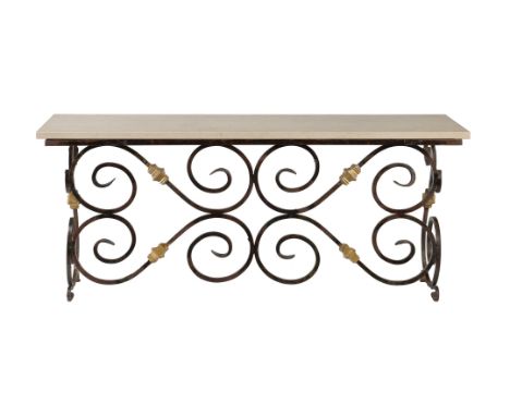 A wrought iron and marble topped side or console side table, 20th century, 76cm high, 177cm wide, 50cm deep  
