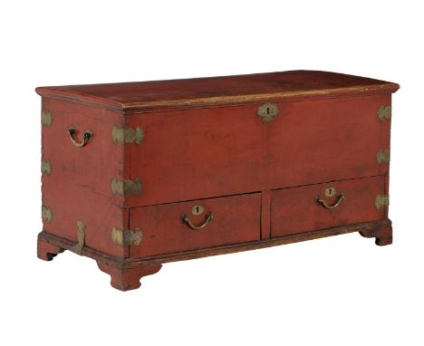 A Chinese camphor coffer, circa 1790, with hinged lid above two drawers, on bracket feet, 58cm high, 115cm wide, 53cm deep