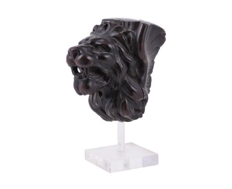 A carved mahogany lion head, mid 18th century, probably the upper part of a console table leg, modelled on a perspex stand, 1