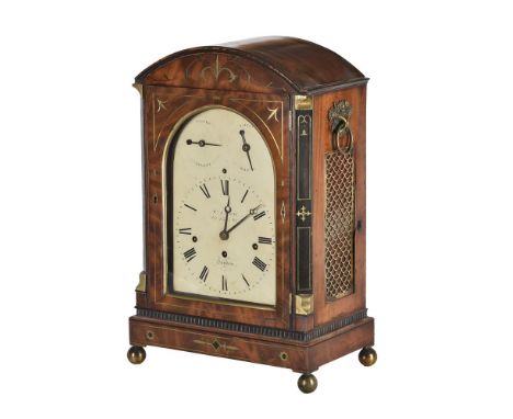A mahogany and brass inlaid mantle clock, unsigned, 19th century, the eight-day bell striking and concentric bell chiming mov