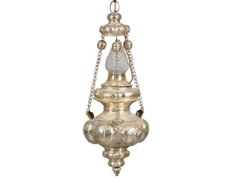 A large Italian silvered metal sanctuary lamp, now as a hanging light, the body inscribed with date 1684, the lobed and bulbo