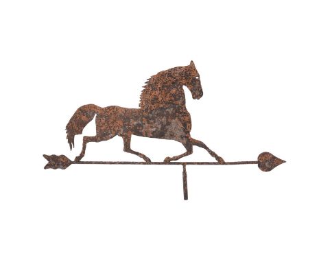 A patinated metal weathervane, 19th century, modelled as a trotting horse above the arrow point, 44cm high, 77cm wideConditio