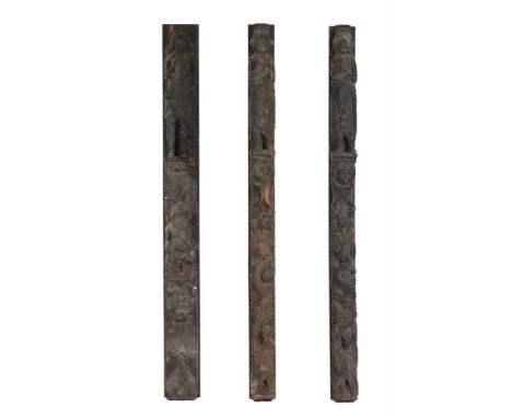 A group of three similar carved oak elements, probably late 17th century probably pilasters from a more substantial item of f