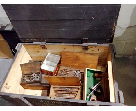 Wooden chest containing a large quantity of vintage tools. Not available for in-house P&amp;P 