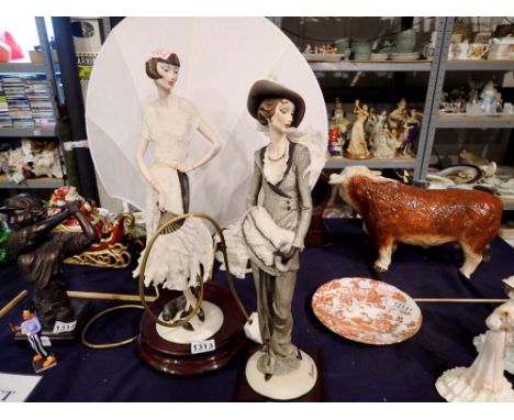 Large Capodimonte figural lamp and another figurine. Largest H: 70cm. All electrical items in this lot have been PAT tested f