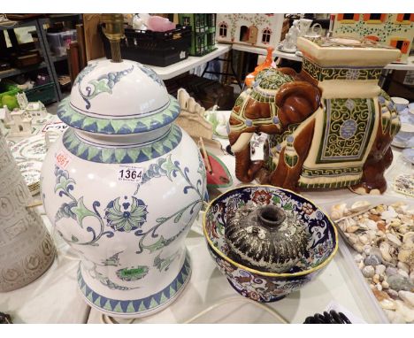 Oriental covered jar converted to lamp and a japanese iron stone bowl. All electrical items in this lot have been PAT tested 