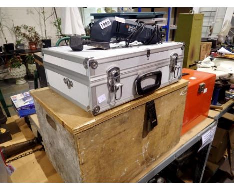 Wooden toolbox containing mixed tools a metal box containing tool accessories and a Black &amp; Decker sander. All electrical