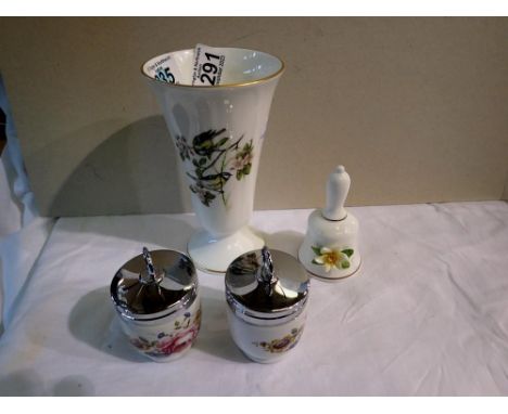 Pair of Royal Worcester egg coddlers and a Coalport vase and bell, no cracks or chips, vase H: 18 cm. Not available for in-ho