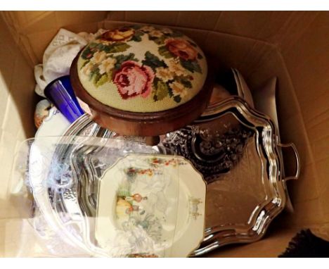 Mixed items including a tapestry covered stool. Not available for in-house P&amp;P 