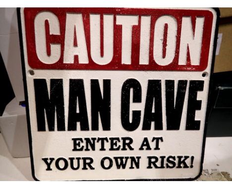 Cast iron Caution Man Cave sign. UK P&amp;P Group 2 (£20+VAT for the first lot and £4+VAT for subsequent lots) 