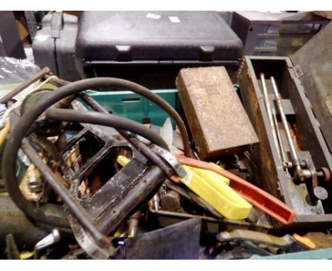 Box of mixed tools to include a vintage footpump. Not available for in-house P&amp;P 