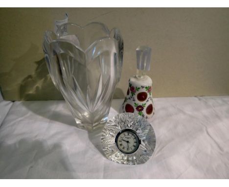 Waterford Marquis glass vase, waterford table clock and a bohemian glass bell (3). Not available for in-house P&amp;P 