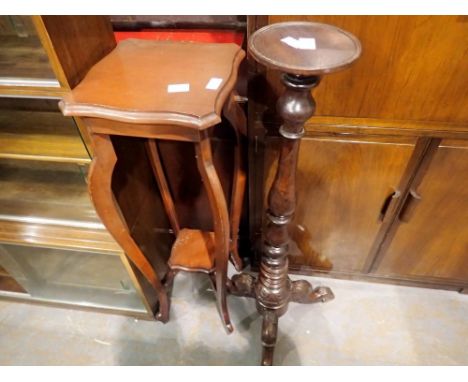Victorian carved tripod torchere with later top, with a further plant stand (2). Not available for in-house P&amp;P 
