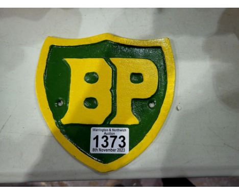 Cast iron BP shield, H: 15 cm. UK P&amp;P Group 1 (£16+VAT for the first lot and £2+VAT for subsequent lots) 