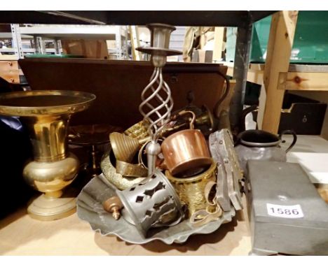 Shelf of mixed metal ware and a pewter cigarette box. Not available for in-house P&amp;P 