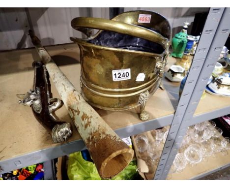 Copper coal bucket and a cast iron bat door knocker and a Cowhide bound pipe and a replica flintlock. Not available for in-ho