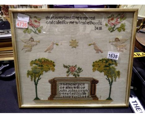 Victorian sampler in remembrance of Ellen wife of John Johnson 1844, 40 x 35 cm. Not available for in-house P&amp;P