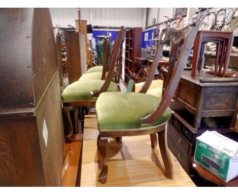 Four mahogany chairs with carved backs and a fire screen. Not available for in-house P&amp;P 