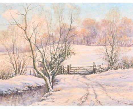 Mervyn Goode, 'Farm Gate and Snow Shadows', oil on canvas, signed, 16" x 20" (40 x 51cm).