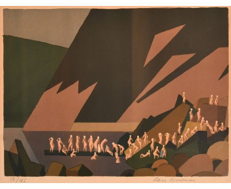 Lars Norrman (1915-1979), forty naked ladies bathing outdoors, colour lithograph, signed in pencil and numbered 12/HC, 13" x 