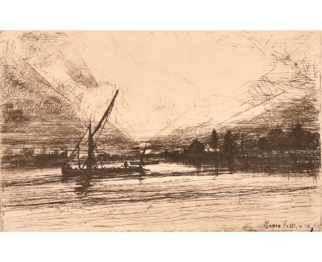 Francis Seymour-Haden (1818-1910), a Thames view, etching, signed in pencil, plate size, 4.5" x 7" (11.5 x 17.5cm), unframed.