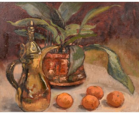 Modern British School, a still life of a pot plant, jug and oranges, oil on board, 16" x 20" (40 x 51cm).